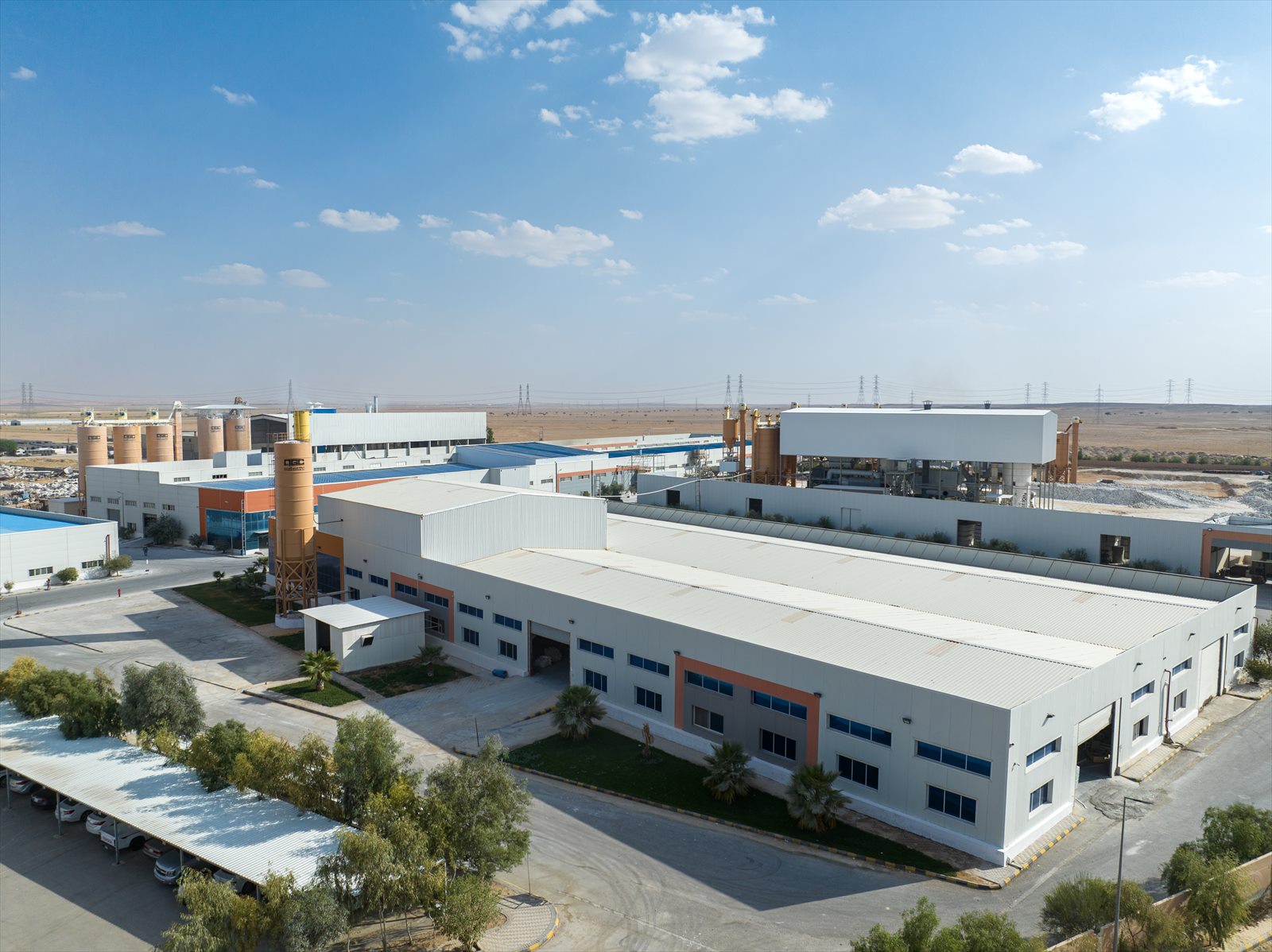 An aerial view of the Qassim Gypsum Company factory complex, operational buildings and warehouses